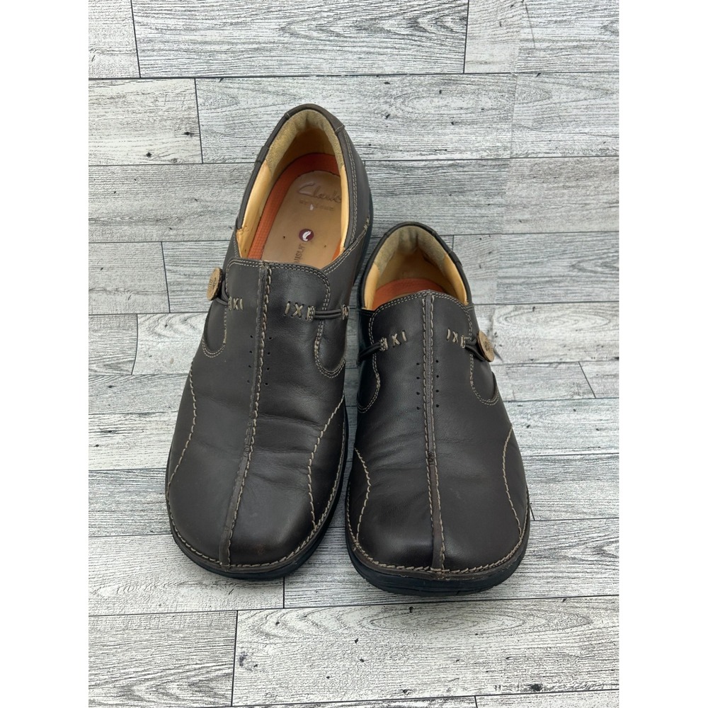 Clarks Artisan Unstructured Brown Leather Slip On Loafers Button Womens 10